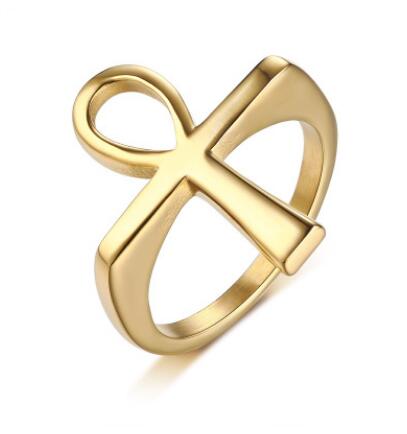 Vnox Cross Men Ring Gold Tone Stainless Steel Ankh Egyptian Key of the Life Male Finger Rings Jewelry