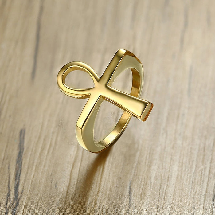 Vnox Cross Men Ring Gold Tone Stainless Steel Ankh Egyptian Key of the Life Male Finger Rings Jewelry